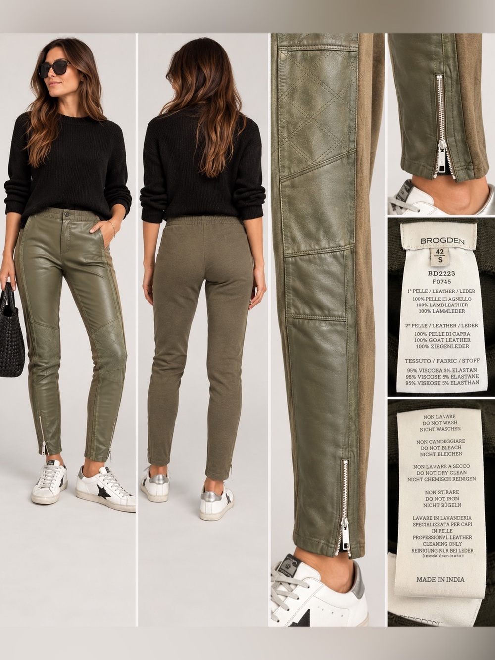 Brogden Olive Green Leather Moto Leggings Pants Size S / 42